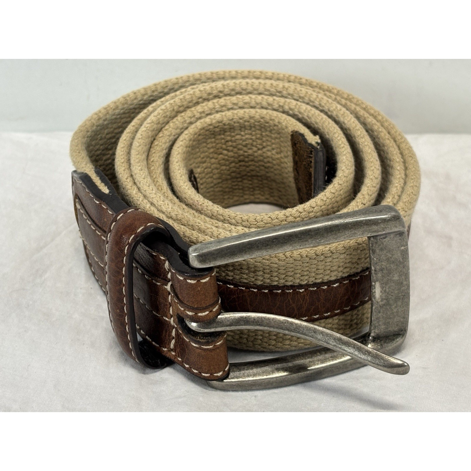 Tommy Bahama Canvas & Leather Belt Men's 40 Tan Brown Preppy Classic